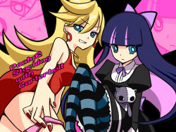 Rule 34 | 10s, 2girls, blonde hair, blue eyes, blue hair, bow, hair bow, long hair, multiple girls, official style, panties, panty &amp; stocking with garterbelt, panty (psg), pantyhose, siblings, sisters, smile, stocking (psg), striped clothes, striped legwear, striped pantyhose, thighhighs, underwear, yayoi (egoistic realism)