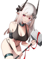 Rule 34 | 1girl, :o, arknights, bare shoulders, bikini, black bikini, blush, breasts, cleavage, collarbone, cowboy shot, earrings, hammer, holding, holding hammer, holding weapon, horns, infection monitor (arknights), jewelry, large breasts, leaning forward, long hair, looking at viewer, material growth, mudrock (arknights), mudrock (elite ii) (arknights), open mouth, oripathy lesion (arknights), pointy ears, red eyes, ri qing, silver hair, skindentation, solo, swimsuit, thigh strap, weapon