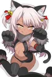 Rule 34 | 1girl, animal ears, animal hands, bare shoulders, bell, black gloves, black leotard, black thighhighs, blush, breasts, cat ears, cat tail, center opening, chloe von einzbern, cosplay, dark-skinned female, dark skin, fate/kaleid liner prisma illya, fate (series), fur collar, gloves, highres, illyasviel von einzbern, illyasviel von einzbern (beast style), illyasviel von einzbern (cosplay), jingle bell, leotard, licking lips, long hair, looking at viewer, navel, official alternate costume, paw gloves, paw shoes, pink hair, shimejinameko, shoes, simple background, sitting, small breasts, smile, tail, thighhighs, tongue, tongue out, two side up, wariza, white background, yellow eyes