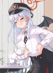 Rule 34 | 1girl, black hat, black skirt, blue archive, blush, bow, braid, breasts, cleavage, closed eyes, cup, demon wings, grabbing own breast, grey hair, hair bow, halo, haruna (blue archive), hat, highres, large breasts, long hair, shirt, single braid, skirt, smile, solo, sweat, teacup, white shirt, wings, yuuichi (reductionblack)