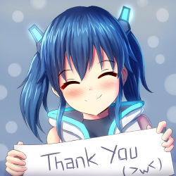Rule 34 | 1girl, ^ ^, bare shoulders, black shirt, blue hair, blush, closed eyes, closed mouth, commentary request, facing viewer, hair between eyes, hair ornament, highres, holding, holding sign, jacket, long hair, nose blush, original, prophosphere, shirt, sidelocks, sign, sleeveless, sleeveless jacket, smile, solo, twintails, upper body, white jacket