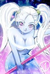 Rule 34 | 10s, 1girl, aico poron, angel, angel (dragon ball), blue skin, blush, breasts, cleavage, colored skin, convenient censoring, curvy, dragon ball, dragon ball super, highres, hip focus, holding, large breasts, long hair, looking at viewer, marcarita (dragon ball), navel, nude, purple eyes, smile, solo, staff, stomach, thick thighs, thighs, twintails, universe 11 (dragon ball), white hair, wide hips