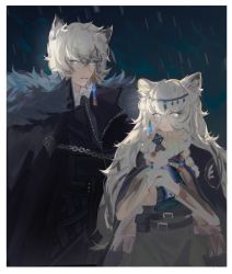 Rule 34 | 1boy, 1girl, animal ear fluff, arknights, braid, cat boy, cat girl, cloak, cloud, cloudy sky, earrings, eyes visible through hair, fluffy, hair between eyes, highres, jewelry, long hair, milky eyes, mrilsweet, necklace, pramanix (arknights), rain, silverash (arknights), simple background, sky, tagme, twin braids, white eyes, white hair, zipper