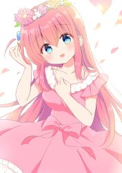 Rule 34 | 1girl, blue eyes, blush, bocchi the rock!, commentary, cube hair ornament, dress, falling petals, flower, flower hairband, gotoh hitori, hair between eyes, hair ornament, highres, long hair, nanami ayane (kusunoki5050), one side up, open mouth, petals, pink dress, pink hair, smile, solo
