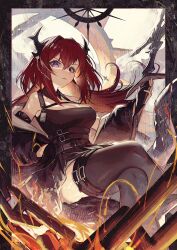 Rule 34 | 1girl, absurdres, arknights, armlet, bare shoulders, black dress, black jacket, black thighhighs, breasts, buckle, chain, cleavage, closed mouth, cross, crossed legs, demon girl, demon horns, detached collar, dress, feet out of frame, fire, hand in pocket, highres, holding, holding sword, holding weapon, horns, huge weapon, infection monitor (arknights), jacket, large breasts, long hair, long sleeves, looking at viewer, off shoulder, open clothes, open jacket, purple eyes, red hair, revision, smile, solo, surtr (arknights), sword, thigh strap, thighhighs, thighs, underbust, v-shaped eyebrows, very long hair, weapon, yo-ba yo