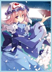 Rule 34 | 1girl, black bow, blue border, blue bow, blue dress, blue hat, blue kimono, blush, border, bow, cherry blossoms, closed mouth, cowboy shot, dress, folding fan, frilled shirt collar, frills, from side, glowing, glowing petals, hair between eyes, hand fan, hat, highres, holding, holding fan, japanese clothes, kimono, light particles, long sleeves, looking at viewer, looking back, mob cap, night, night sky, petals, pink eyes, pink hair, puffy sleeves, saigyouji yuyuko, sash, short hair, sky, smile, solo, star (sky), starry sky, t-ray, touhou, triangular headpiece, wide sleeves