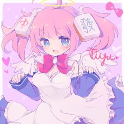 Rule 34 | 1girl, ahoge, blue eyes, blush, border, bow, breasts, character name, chiyu, chiyu 12-sai, cleavage, detached sleeves, dress, halo, karunabaru, looking at viewer, mahjong, mahjong tile, mahjong tile hair ornament, open mouth, pink bow, pink hair, sleeves past wrists, solo, twintails, white border, white dress, white wings, wings