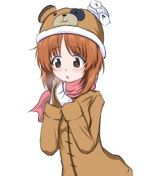 Rule 34 | 1girl, bandages, bear hat, blush, boko (girls und panzer), boko dream, breath, brown coat, brown eyes, brown hair, coat, commentary, girls und panzer, highres, long sleeves, looking to the side, mittens, nishizumi miho, open mouth, own hands together, pink scarf, scarf, short hair, simple background, solo, upper body, white background, white mittens