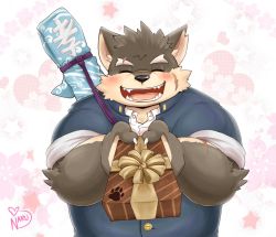 Rule 34 | 1boy, animal ears, animal nose, bara, blush, brown fur, cherry blossoms, chocolate, closed eyes, commentary, dog boy, dog ears, english commentary, eyebrow cut, facial scar, furry, furry male, gakuran, gift, heart, holding, holding gift, male focus, moritaka (housamo), naruever, open mouth, paw print, pink background, scar, scar on arm, scar on cheek, scar on face, school uniform, sharp teeth, short hair, smile, snout, solo, star (symbol), teeth, thick eyebrows, tokyo houkago summoners, two-tone fur, upper body, valentine, weapon, weapon on back