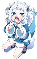 Rule 34 | 1girl, :d, absurdres, blue eyes, blue hair, blue hoodie, blue nails, blue socks, blush, commentary, drawstring, fins, fish tail, full body, gawr gura, hair ornament, hands up, highres, hololive, hololive english, hood, hood down, hoodie, long hair, long sleeves, looking at viewer, multicolored hair, nail polish, open mouth, shadow, shark tail, sharp teeth, shoes, smile, socks, solo, squatting, streaked hair, tail, teeth, tosyeo, two side up, virtual youtuber, white background, white footwear, white hair, wide sleeves