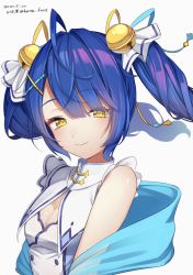 Rule 34 | 1girl, ahoge, amamiya kokoro, bare shoulders, bell, blue hair, blue ribbon, closed mouth, commentary request, dated, dress, eyes visible through hair, fang, fang out, floating hair, grey background, hagoromo, hair bell, hair between eyes, hair intakes, hair ornament, hair ribbon, hairclip, highres, hirota fruit, jingle bell, long hair, nijisanji, ribbon, shawl, signature, simple background, sleeveless, sleeveless dress, smile, solo, twintails, twitter username, upper body, virtual youtuber, white dress, x hair ornament, yellow eyes, yellow ribbon