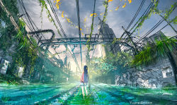 Rule 34 | 1girl, abandoned, animal, arms at sides, black hair, bug, building, butterfly, closed eyes, cloud, cloudy sky, commentary, day, english commentary, fish, from behind, grass, highres, insect, jacket, long hair, long sleeves, miniskirt, original, outdoors, overgrown, overhead line, pink jacket, plant, pleated skirt, railroad tracks, ripples, scenery, skirt, sky, skyscraper, solo, standing, tree, very long hair, water, watermark, web address, white skirt, wide shot, yuumei