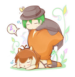 Rule 34 | 1boy, 1girl, animal ears, antenna hair, artist request, black thighhighs, blazblue, brown hair, bug, butterfly, chibi, closed eyes, fedora, green hair, hat, hazama, insect, makoto nanaya, multicolored hair, sleeping, sleeping on person, squirrel ears, squirrel tail, tail, thighhighs, two-tone hair