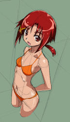 Rule 34 | 10s, 1girl, arms behind back, bikini, cropped legs, green background, hino akane (smile precure!), looking at viewer, navel, open mouth, orange bikini, precure, red eyes, red hair, rohitsuka, short hair, sketch, smile precure!, solo, swimsuit