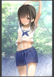 Rule 34 | 1girl, arms up, black border, black hair, blue neckerchief, blue skirt, blush, border, brown eyes, closed mouth, collarbone, commentary request, day, highres, looking at viewer, midriff, navel, neckerchief, one eye closed, original, outdoors, pleated skirt, sailor collar, sakazakinchan, school uniform, serafuku, shirt, skirt, solo, standing, stretching, white sailor collar, white shirt