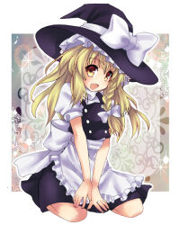 Rule 34 | 1girl, apron, back bow, black hat, black skirt, black vest, blonde hair, blush, bow, braid, breasts, buttons, commentary request, frilled apron, frills, full body, hair bow, hat, hat bow, kirisame marisa, long hair, looking at viewer, momozakura nanao, open mouth, puffy short sleeves, puffy sleeves, seiza, shirt, short sleeves, single braid, sitting, skirt, skirt set, small breasts, smile, solo, touhou, turtleneck, vest, waist apron, waist bow, white apron, white bow, white shirt, witch hat, yellow eyes
