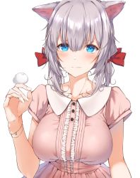 Rule 34 | 1girl, animal ears, blue eyes, blush, bow, bracelet, breasts, cat ears, center frills, collared dress, dress, frilled dress, frills, hair between eyes, hair bow, hechi (hechi322), highres, jewelry, large breasts, long hair, looking at viewer, low twintails, original, pink sleeves, red bow, short sleeves, silver hair, simple background, smile, solo, twintails, white background