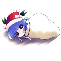 Rule 34 | 1girl, :3, blue hair, chibi, female focus, food, food as clothes, fruit, fur trim, hat, hinanawi tenshi, in container, lying, o o, on side, peach, sack, santa hat, shadow, simple background, solo, touhou, yume shokunin