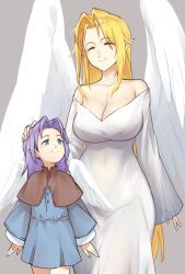 Rule 34 | 2girls, ^ ^, angel wings, bare shoulders, blonde hair, blue eyes, breasts, brown capelet, capelet, closed eyes, collarbone, commentary, dress, english commentary, feathered wings, grey background, hair intakes, hand on another&#039;s head, highres, if they mated, ilias, large breasts, long hair, long sleeves, maritan (pixelmaritan), mon-musu quest!, mother and daughter, multiple girls, navel, nipples, off-shoulder dress, off shoulder, pointing, purple hair, see-through, see-through dress, simple background, sleeves past wrists, smile, thigh gap, very long hair, white dress, white wings, wide sleeves, wings