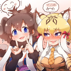 Rule 34 | 2girls, animal ears, animal print, blonde hair, blue eyes, blush, bow, brown hair, cat girl, cheek poking, collared shirt, corset, detached sleeves, elbow gloves, embarrassed, empty eyes, extra ears, fangs, fingersmile, flying sweatdrops, fur-trimmed sleeves, fur scarf, fur trim, gloves, hair between eyes, hair bow, hands on own cheeks, hands on own face, hands up, index finger raised, kemono friends, looking at another, looking at viewer, looking to the side, mammoth (kemono friends), mammoth ears, multicolored hair, multiple girls, musical note, necktie, nose blush, open mouth, plaid neckwear, poking, print gloves, purple eyes, scarf, shirt, short hair, short hair with long locks, side-by-side, sidelocks, smile, smilodon (kemono friends), speech bubble, spoken blush, spoken expression, squiggle, striped clothes, striped gloves, tail, tanaka kusao, tiger print, upper body, white hair, wing collar