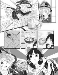 Rule 34 | 2girls, :d, absurdres, bad id, bad pixiv id, blanket, blush, bow, bowl, box, braid, buttons, coat, comic, commentary request, covering own mouth, d:, detached sleeves, drooling, emphasis lines, english text, futon, gift, gift box, gloves, gohei, greyscale, hair bow, hair tubes, hakurei reimu, half-closed eyes, hat, hat bow, heart-shaped box, highres, holding, kirisame marisa, long hair, long sleeves, monochrome, motion blur, motion lines, multiple girls, open mouth, parted bangs, pillow, pixelated, remembering, shroomia, sick, side braid, single braid, skull, smile, steam, sweat, tearing up, throwing, touhou, valentine, wide sleeves, witch hat