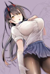 Rule 34 | 1girl, azur lane, black hair, black pantyhose, blue skirt, breasts, d:, gloves, hair between eyes, hair ornament, hand on own chest, horns, large breasts, long hair, looking at viewer, oni horns, open mouth, oumi sanaka, pantyhose, purple neckwear, red horns, shirt, shirt tucked in, simple background, single glove, skirt, solo, suzuya (azur lane), white gloves, white shirt, yellow eyes