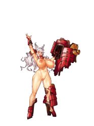 Rule 34 | 1girl, animal ears, arm up, armor, armpits, blush, breasts, broken, broken armor, broken weapon, censored, embarrassed, feet, female focus, full body, game cg, gauntlets, gloves, groin, hand up, highres, holding, huge breasts, huge weapon, japanese armor, legs, legs apart, long hair, looking at viewer, maou to shugo kishi, melon22, mosaic censoring, navel, nipples, open mouth, original, pussy, red eyes, single glove, solo, standing, thighs, transparent background, weapon, white hair
