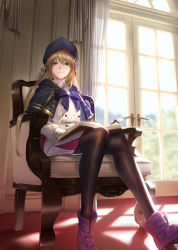 Rule 34 | 1girl, artoria caster (fate), artoria caster (second ascension) (fate), artoria pendragon (fate), belt, blonde hair, blue cape, blue capelet, blue headwear, blue sky, bush, buttons, cape, capelet, chair, curtains, day, double-breasted, fate/grand order, fate (series), gloves, green eyes, highres, long hair, looking at viewer, mugetsu2501, multicolored capelet, multicolored clothes, o-ring, o-ring belt, pantyhose, polar chaldea uniform, purple footwear, red carpet, sitting, sky, striped belt, window