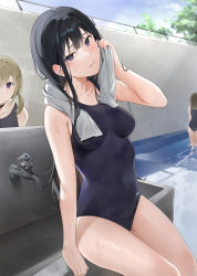 Rule 34 | 3girls, absurdres, bare arms, bare shoulders, black choker, black hair, black one-piece swimsuit, blonde hair, blush, choker, closed mouth, commentary request, highres, long hair, looking at another, looking at viewer, multiple girls, one-piece swimsuit, original, outdoors, parted lips, pool, purple eyes, smile, solo focus, swimsuit, thighs, towel, wet, xretakex