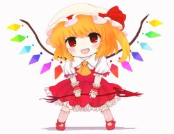 Rule 34 | 1girl, ascot, blonde hair, blush, bow, chibi, collared shirt, crystal, dress, fang, flandre scarlet, footwear bow, frills, full body, hair between eyes, hat, hat ribbon, holding, holding weapon, laevatein (touhou), looking at viewer, mob cap, multicolored wings, one side up, open mouth, pinafore dress, pink bow, pink socks, puffy short sleeves, puffy sleeves, red bow, red dress, red eyes, red footwear, red ribbon, rei (tonbo0430), ribbon, shadow, shirt, shoes, short hair, short sleeves, simple background, sleeveless, sleeveless dress, smile, socks, solo, standing, tongue, touhou, weapon, white background, white hat, white shirt, wings, wrist cuffs, yellow ascot