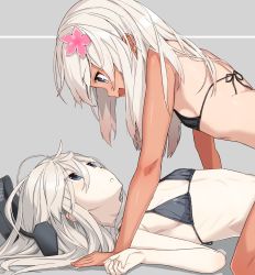 Rule 34 | 2girls, absurdres, all fours, bikini, black bikini, blonde hair, blue eyes, dual persona, eye contact, flat chest, flower, garrison cap, girl on top, grey background, hair between eyes, hair flower, hair ornament, hat, highres, kantai collection, long hair, looking at another, lying, multiple girls, one-piece tan, open mouth, pale skin, parted lips, ro-500 (kancolle), simple background, string bikini, swimsuit, takanashi kei (hitsujikan), tan, tanline, u-511 (kancolle), upper body