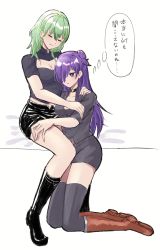 Rule 34 | 2girls, black thighhighs, boots, breasts, byleth (female) (fire emblem), byleth (fire emblem), cleavage, closed eyes, collar, face to breasts, fire emblem, fire emblem: three houses, fire emblem warriors: three hopes, green hair, hair bun, hair over one eye, hand on another&#039;s thigh, highres, hug, japanese text, kneeling, large breasts, long hair, medium hair, multiple girls, nintendo, one eye covered, purple eyes, purple hair, reia hana, serious, shez (female) (fire emblem), shez (fire emblem), single hair bun, thighhighs, thighs, translation request, white background, yuri