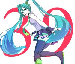 Rule 34 | 1girl, 39, aqua eyes, aqua hair, bad id, bad pixiv id, boots, fingerless gloves, gloves, hatsune miku, headphones, long hair, necktie, open mouth, skirt, solo, tattoo, thigh boots, thighhighs, tomozero, transparent background, twintails, very long hair, vocaloid, white background