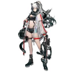 Rule 34 | 1girl, animal ears, arknights, arrow (projectile), bag, bare legs, black footwear, black hair, black shorts, bow (weapon), breasts, cat ears, cat girl, cat tail, closed mouth, coat, crop top, crossbow, duffel bag, full body, gradient hair, holding, holding weapon, hood, hood down, large breasts, layered sleeves, liduke, long hair, long legs, long sleeves, looking at viewer, midriff, multicolored hair, navel, official art, open clothes, open coat, ponytail, pouch, quiver, scarf, schwarz (arknights), scope, see-through, shoes, short over long sleeves, short shorts, short sleeves, shorts, shoulder bag, silver hair, sleeveless, solo, standing, stomach, tail, thigh strap, thighs, transparent background, v-shaped eyebrows, very long hair, weapon, white coat, yellow eyes