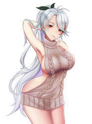 Rule 34 | 1girl, absurdres, alternate costume, alternate hairstyle, antenna hair, aran sweater, arm behind head, armpits, azur lane, bikini, black bikini, blush, breasts, cable knit, cleavage, cowboy shot, finger to mouth, hair between eyes, highres, large breasts, long hair, looking at viewer, meme attire, mole, mole on breast, multicolored hair, nail polish, parted lips, pink nails, ponytail, prinz eugen (azur lane), qiye luoying, red hair, ribbon, see-through, silver hair, simple background, smile, solo, streaked hair, sweater, swimsuit, taut clothes, thighs, turtleneck, turtleneck sweater, very long hair, virgin killer sweater, white background