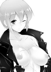 Rule 34 | 1girl, breasts, fingerless gloves, gloves, greyscale, jacket, jikkyou powerful pro yakyuu, looking at viewer, mechazinaida, monochrome, nipples, one eye closed, ooe kazuna, open clothes, power pro kun pocket, scar, short hair, simple background, solo, topless, white background