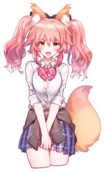 Rule 34 | 10s, 1girl, animal ear fluff, animal ears, blouse, blush, breasts, clothes around waist, fate/extella, fate/extra, fate/extra ccc, fate/grand order, fate (series), fox ears, fox tail, long hair, looking at viewer, medium breasts, official alternate costume, open mouth, pink hair, school uniform, shirt, skirt, smile, solo, standing, sweater, sweater around waist, tail, tamamo (fate), tamamo no mae (fate/extra), tamamo no mae (jk) (fate), twintails, white shirt, yellow eyes