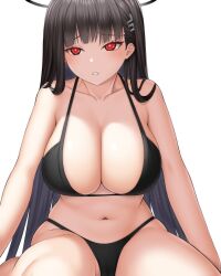 Rule 34 | 1girl, asamura hiori, bare shoulders, bikini, black bikini, black hair, blue archive, blush, breasts, cleavage, collarbone, hair ornament, hairclip, halo, highres, large breasts, long hair, looking at viewer, navel, red eyes, rio (blue archive), solo, swimsuit, thighs, very long hair
