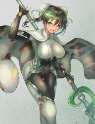 Rule 34 | 1girl, arm guards, black hair, bodysuit, breasts, bun cover, cape, chinese clothes, cloud print, covered navel, double bun, fate/grand order, fate (series), fingerless gloves, gloves, green eyes, grey background, hair bun, highres, holding, holding weapon, medium breasts, ohako (ohako1818), open mouth, polearm, qin liangyu (fate), sidelocks, skin tight, solo, spear, standing, weapon, white cape