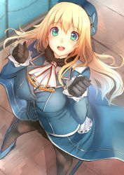 Rule 34 | 10s, 1girl, akasaai, atago (kancolle), black gloves, black pantyhose, blonde hair, blue hat, blush, breasts, from above, gloves, green eyes, hat, highres, kantai collection, large breasts, long hair, looking at viewer, looking up, military, military uniform, open mouth, pantyhose, personification, smile, solo, uniform