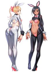 Rule 34 | 2girls, :d, absurdres, animal ears, back cutout, black footwear, black hair, blonde hair, blunt bangs, blush, bow, bowtie, breasts, brown eyes, clothing cutout, commentary request, covered erect nipples, dark-skinned female, dark skin, fake animal ears, fake tail, from behind, full body, green eyes, grin, groin, hair between eyes, hair bow, heart cutout, heart maebari, heart pasties, high heels, highres, long hair, looking at viewer, maebari, medium breasts, meme attire, multiple girls, navel, open mouth, original, pasties, pink bow, pink lips, pink neckwear, ponytail, rabbit ears, rabbit tail, revealing clothes, reverse bunnysuit, reverse outfit, saruchitan, shrug (clothing), sidelocks, simple background, smile, stomach, swept bangs, tail, teeth, white background, white footwear, wrist cuffs