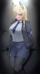 Rule 34 | 1girl, animal ears, armband, black gloves, black jacket, black necktie, black pantyhose, blonde hair, blue archive, blue eyes, blue shirt, blue skirt, breasts, closed mouth, collared shirt, gloves, hair over one eye, halo, highres, jacket, kanna (blue archive), large breasts, long hair, looking at viewer, necktie, one eye closed, pantyhose, pencil skirt, shirt, shirt tucked in, skirt, solo, tyamurai33