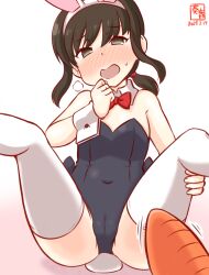 Rule 34 | 1girl, animal ears, artist logo, black eyes, black hair, black leotard, blush, bow, bowtie, cameltoe, carrot, covered navel, dated, detached collar, fake animal ears, fake tail, fubuki (kancolle), gluteal fold, gradient background, highleg, highleg leotard, kanon (kurogane knights), kantai collection, leotard, looking at viewer, one-hour drawing challenge, open mouth, pink background, playboy bunny, ponytail, rabbit ears, rabbit tail, sitting, solo, strapless, strapless leotard, sweatdrop, tail, thighhighs, traditional bowtie, white thighhighs, wrist cuffs