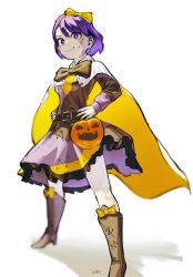 Rule 34 | 1girl, absurdres, black bow, black footwear, blast-7, boots, bow, bright pupils, cape, closed mouth, dress, full body, hair bow, halloween bucket, halloween costume, hands on own hips, high heel boots, high heels, highres, jack-o&#039;-lantern, long sleeves, looking at viewer, multicolored clothes, multicolored dress, patchwork clothes, purple eyes, purple hair, short hair, simple background, smile, solo, tenkyuu chimata, touhou, white background, white cape, white pupils, yellow bow