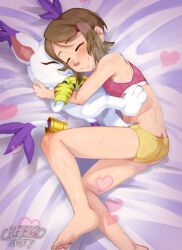 Rule 34 | 1girl, ^ ^, animal hands, artist name, barefoot, bed, blush, bra, brown hair, cheeso art, closed eyes, commentary, digimon, digimon (creature), digimon adventure 02, english commentary, feet, gloves, hair ornament, hairclip, highres, hug, lying, messy hair, on bed, on side, panties, paw gloves, pink bra, short hair, sleeping, smile, soles, sports bra, sweat, tail, tail ornament, tail ring, tailmon, toes, underwear, yagami hikari, yellow panties