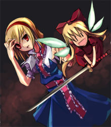 Rule 34 | 1girl, alice margatroid, arm up, belt, blonde hair, blue dress, capelet, doll, dress, dutch angle, fairy wings, female focus, flying, full body, hairband, holding, holding sword, holding weapon, katana, looking at viewer, lowres, necktie, red dress, red eyes, red necktie, shanghai doll, shimadoriru, short hair, solo, sword, touhou, unsheathed, weapon, wings