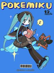 Rule 34 | 1girl, barcode, black pantyhose, blue background, blue hair, book, brown dress, bug miku (project voltage), commentary, creatures (company), dress, eighth note, eyeshadow, game freak, gen 4 pokemon, hair through headwear, hat, hatsune miku, highres, holding, holding book, kricketune, long bangs, long hair, makeup, musical note, necktie, nintendo, pantyhose, pokemon, pokemon (creature), project voltage, renzhi00334233, sparkle, spoken musical note, twintails, twitter username, very long hair, vocaloid