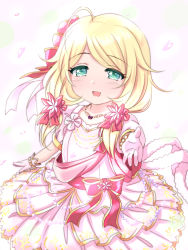 Rule 34 | 1girl, :d, ahoge, blonde hair, blush, bow, collarbone, commentary request, dress, flower, gloves, green eyes, hair flower, hair ornament, highres, idolmaster, idolmaster cinderella girls, jewelry, long hair, looking at viewer, low twintails, necklace, open mouth, outstretched arm, petals, pink dress, pink gloves, puffy short sleeves, puffy sleeves, red bow, red flower, short sleeves, smile, solo, swept bangs, twintails, u2 (5798239), white background, white flower, yusa kozue