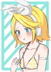 Rule 34 | 1girl, :t, aqua background, bare arms, bare shoulders, bikini, blonde hair, blue eyes, bow, breast conscious, breasts, cel shading, collarbone, flat chest, flying sweatdrops, hair bow, hair ornament, hairclip, headphones, headset, highres, kagamine rin, light blush, looking down, omotimoti55, polka dot, polka dot bikini, pout, short hair, skinny, small breasts, solo, striped, striped background, swept bangs, swimsuit, tearing up, vocaloid