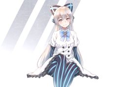 Rule 34 | 1girl, blue neckwear, blush, bow, breasts, brooch, character name, closed mouth, commentary request, cyrillic, dress, elbow gloves, frilled skirt, frills, girls&#039; frontline, gloves, hair between eyes, hair bow, jewelry, long hair, looking at viewer, medium breasts, pantyhose, puffy short sleeves, puffy sleeves, raguro, red eyes, short sleeves, sidelocks, silver hair, sitting, skirt, smile, solo, star (symbol), striped bow, striped clothes, striped gloves, striped pantyhose, tokarev (girls&#039; frontline), vertical-striped clothes, vertical-striped gloves, vertical-striped pantyhose